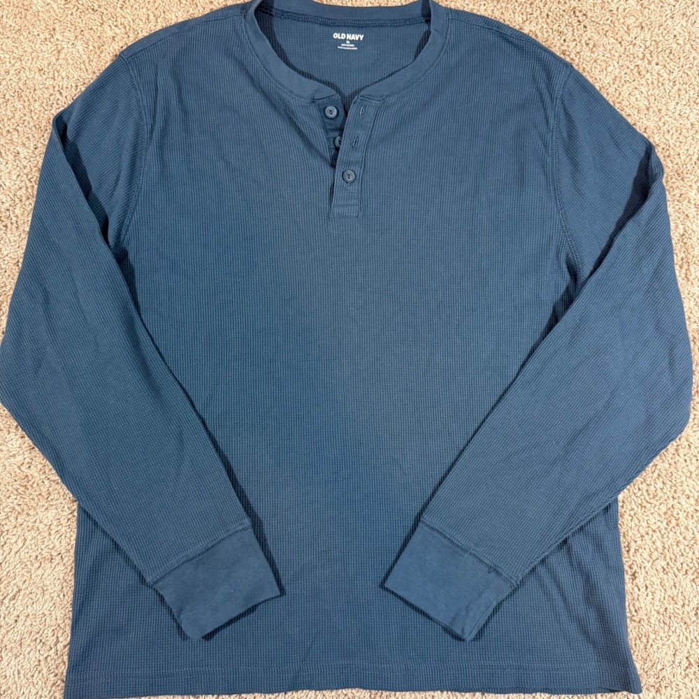 Old Navy Henley Shirt Mens XL Blue Excellent Waffle Knit Long‎ Sleeve Thermal